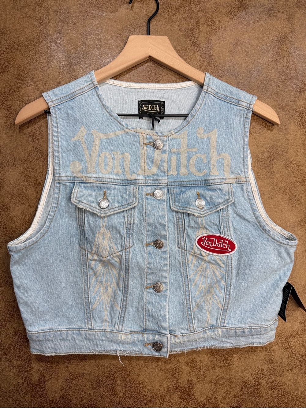 Von Dutch Light Blue Denim Cropped Vest with Red Logo Patch